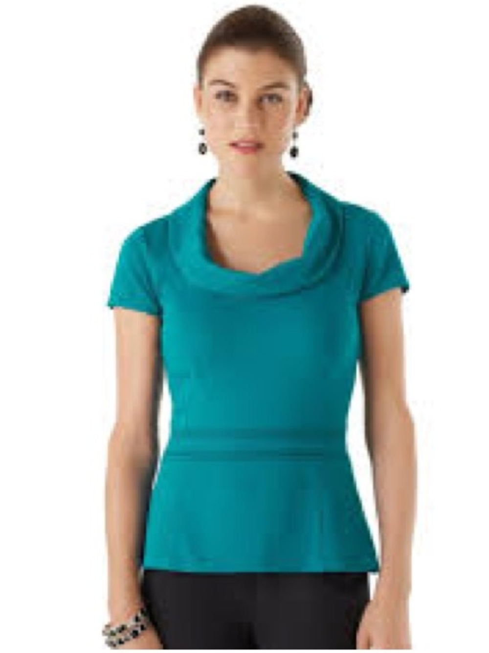 White House Black Market Teal Short-Sleeve Draped Neck Top